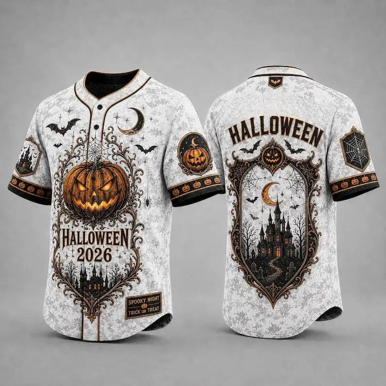 Halloween Vintage Pumpkin Castle Baseball Jersey, Spooky Bat Spider Web Moon All‑Over Print, Button‑Down Short Sleeve Unisex Party Top#TikTokShop#HalloweenJersey#VintageHalloween#HalloweenCostume