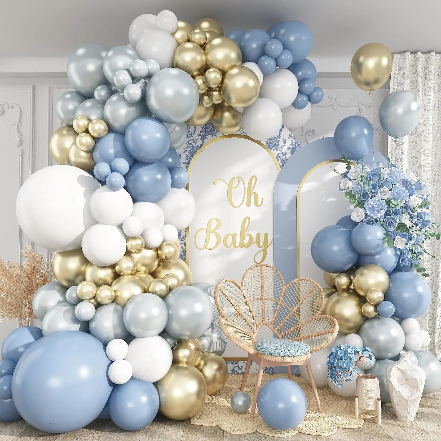 Thick Dusty Blue Balloon Garland Arch Kit Pack, 114pcs Pastel Blue-Pearl White-Metallic Light Gold Latex Balloons for Boho Ocean Shower, Wedding Decorations, Photo Backdrop, 114 Pcs, Baby Shower