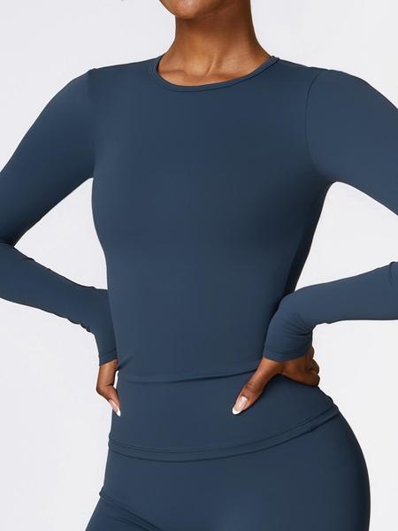 Women's Solid Long Sleeve Sports Tee, Sporty Round Neck T-shirt for Yoga Gym Workout Running, Ladies Sportswear for Spring & Fall, Gym Performance Top