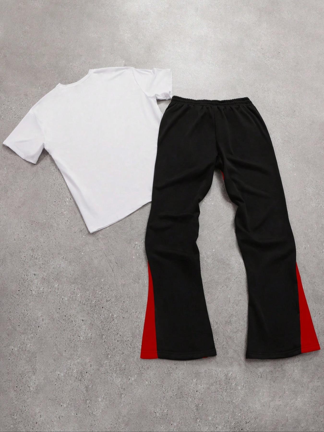 Two-piece Set Men's Figure Graphic Tee & Colorblock Drawstring Waist Flare Leg Sweatpants, Regular Fit Round Neck Short Sleeve T-shirt & Bell Bottom Trousers, Sets for Men Clothing, Summer Outfits, Casual Outfit Set, Shortsleeve Menswear