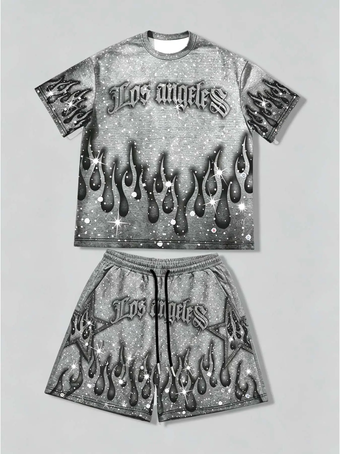 Vintage Flame Casual Suit, Trendy Los Angeles Letter Print Two-Piece Set, Loose-Fitting Fashionable for Men
