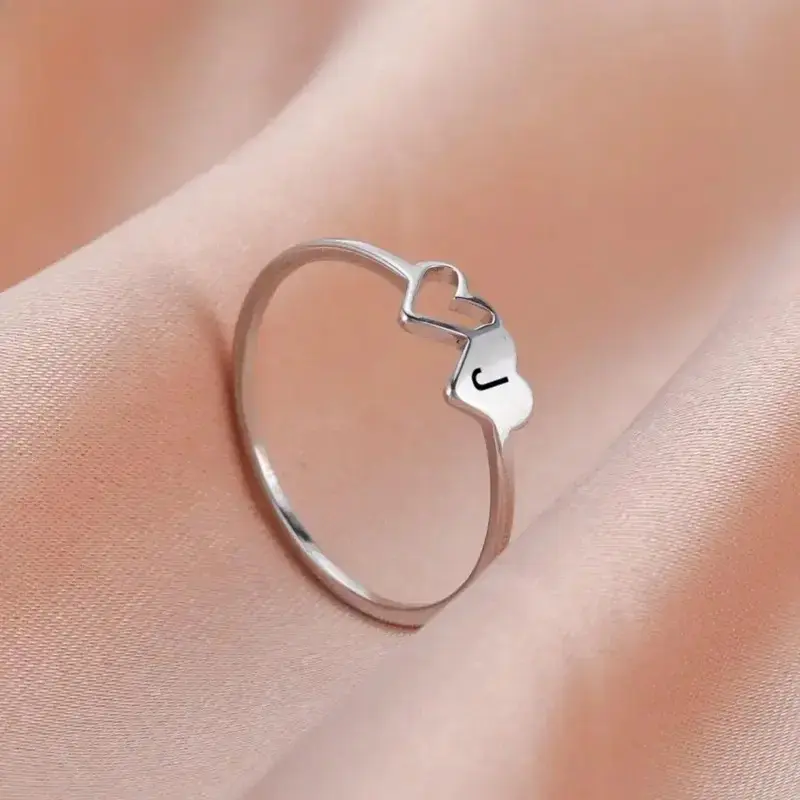 Unisex Adjustable Double‑Heart Initial Ring, Viral 26‑Letter Personalized Alphabet Finger Jewelry, Alloy & Stainless‑Steel Craft, Custom Love‑Themed Band, Versatile Fashion Accessory for Daily Outfits, Dating Moments & Casual Layering Looks