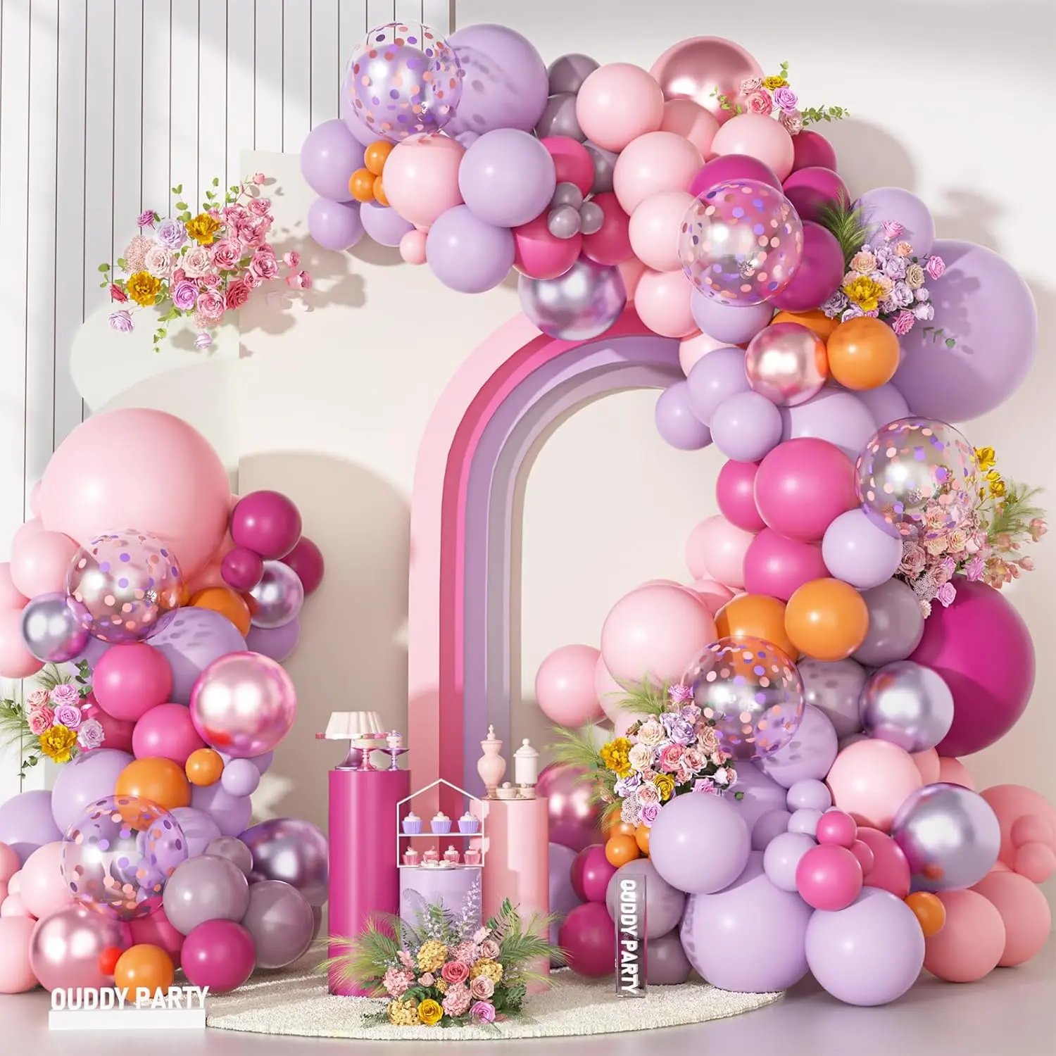 Pink Purple Balloons Garland Arch Kit, Different Sizes 18 12 10 5 Inch Hot Pink Lilac Lavender Orange Magenta Latex Confetti Balloon for Wildflower Birthday Shower Party Decorations