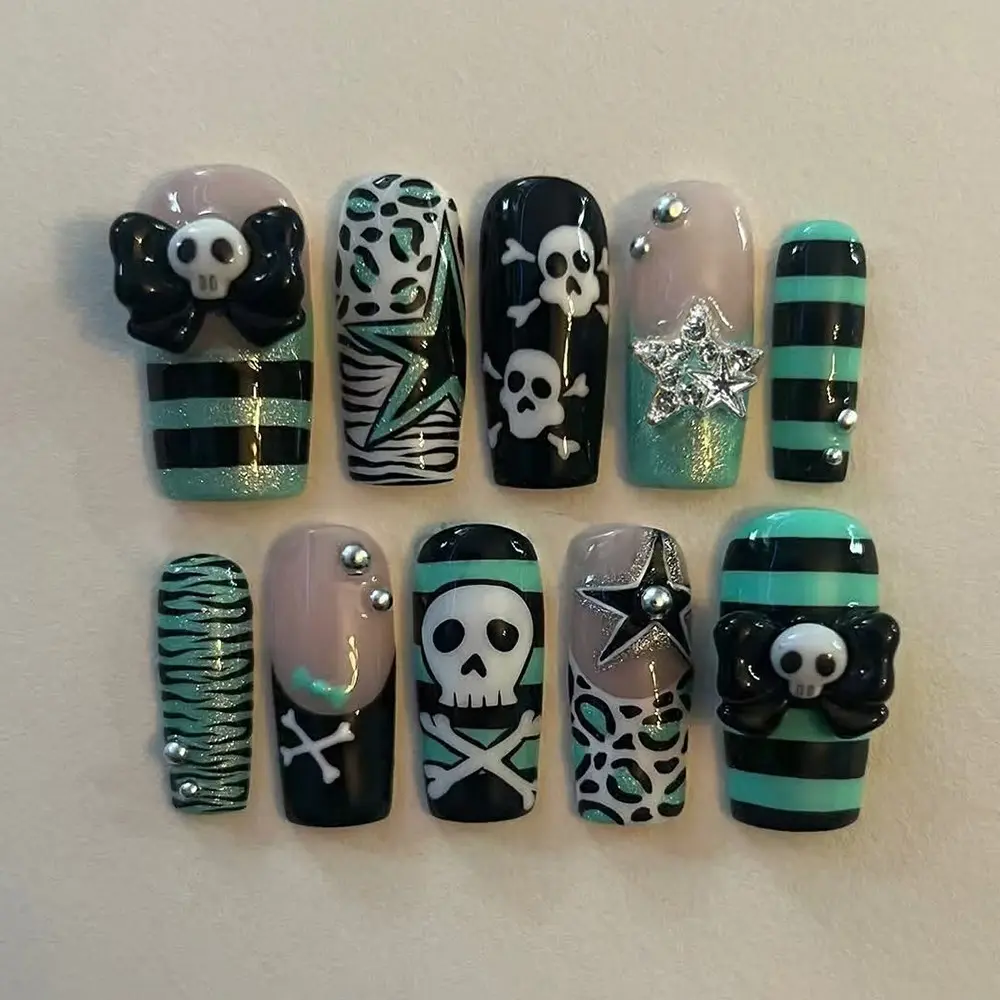 Halloween 24-Piece Y2K Medium Square Nails, Leopard Print & Glitter, Ghost Pearl Star Skull Bow Design, Press-On False Nail Set, Includes Jelly Glue & Nail File