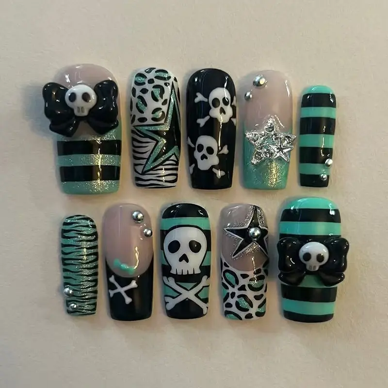 Halloween 24-Piece Y2K Medium Square Nails, Leopard Print & Glitter, Ghost Pearl Star Skull Bow Design, Press-On False Nail Set, Includes Jelly Glue & Nail File