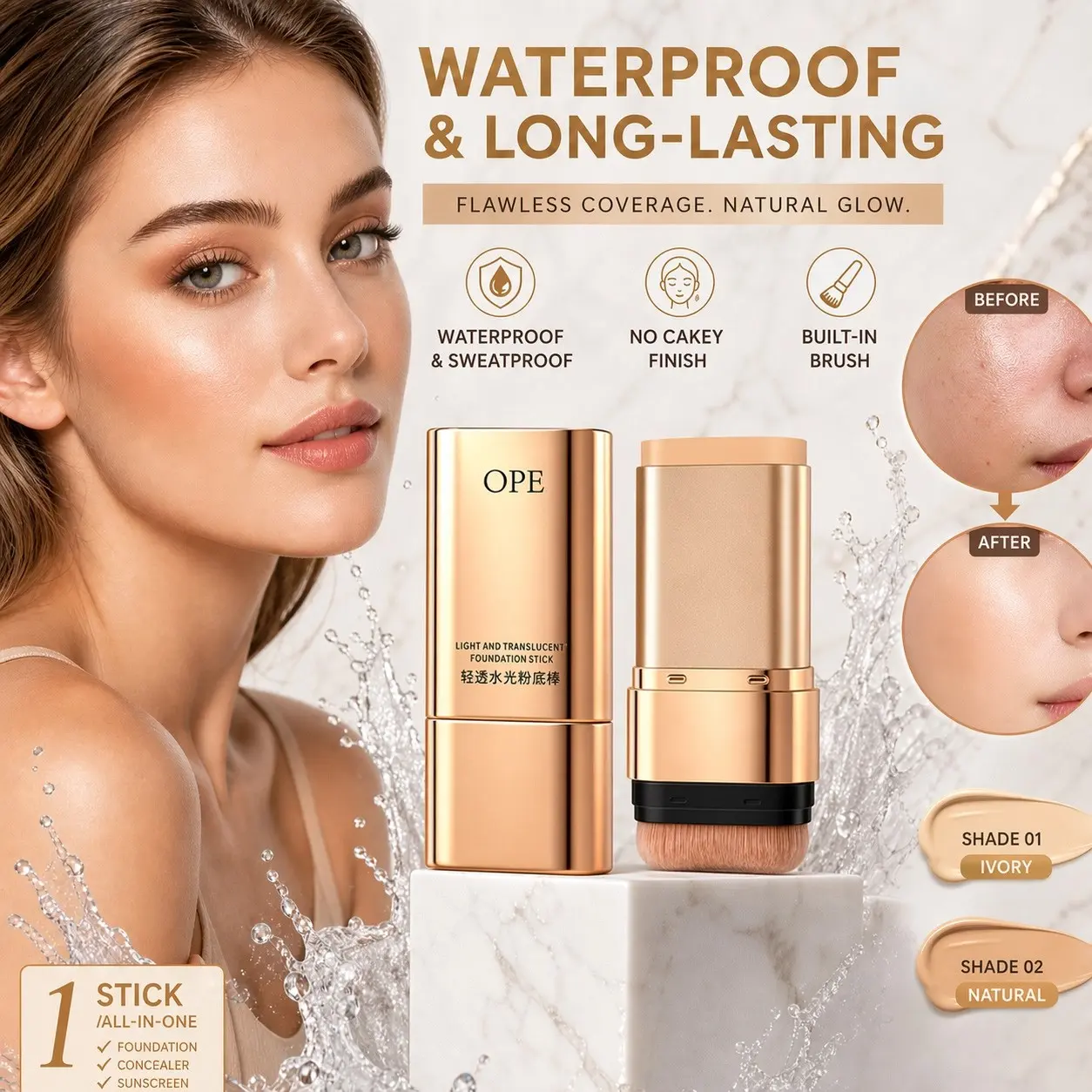 Luxury Gold All-In-One Dewy Foundation Stick With Soft Brush Light Smooth Texture Gentle Conceal Redness Rough Skin Create Hydrating Natural Finish For Daily Commute & Dating Makeup
