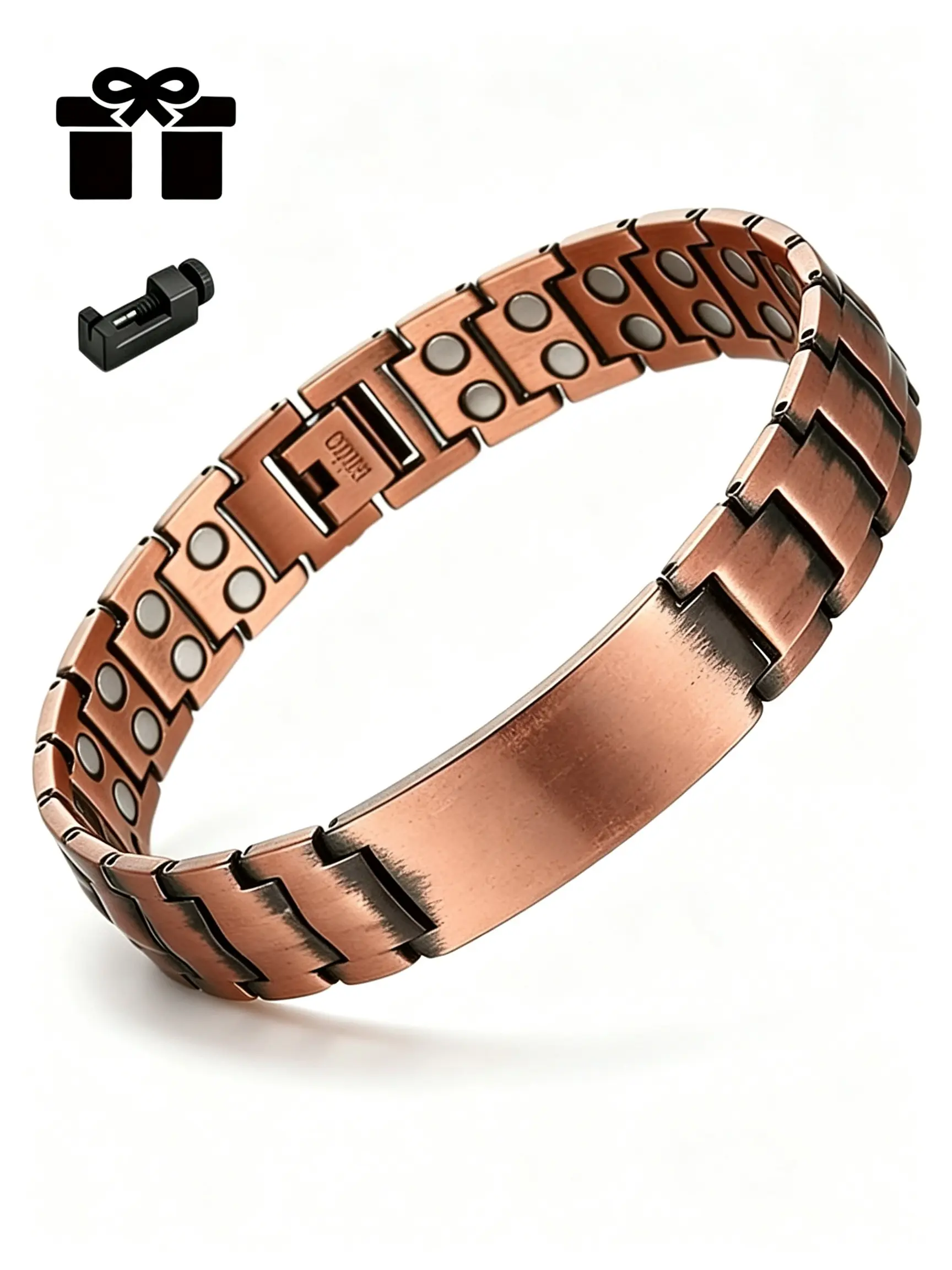 Vintage Men's Copper Color Magnetic Bracelet, Adjustable Size with Watch Winder Tool, Trendy Metal Jewelry, Durable and Easy to Wear, Perfect Birthday Gift