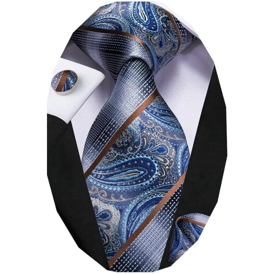 Mens Paisley Striped Tie Woven Necktie for Men and Handkerchief Cufflinks Set Wedding Formal Business