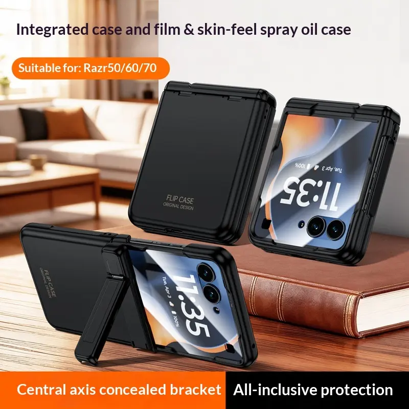 Suitable for Motorola Raza2026/Raza2025/Raza2024 phone case with hidden central axis stand, skin-feel magnetic hinge, comes with tempered film, suitable for Raza+2026 black protective case
