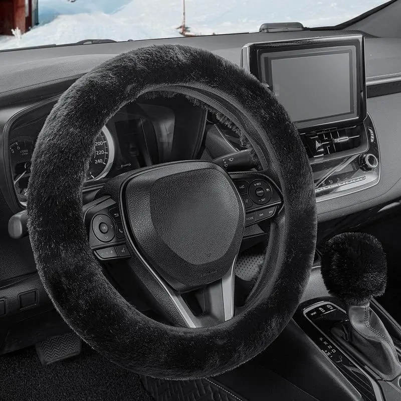 Fluffy Steering Wheel Cover 3-Piece Set, Plush Faux Rabbit Fur Winter Warm Car Accessory, Anti-Slip Elastic Durable Easy-Maintain Tool-Free Install, Universal Fit 14.5-15 inch, Eliminates Icy Cold Touch Keeps Hands Cozy Cars Accessories, Anti-Slip Elastic
