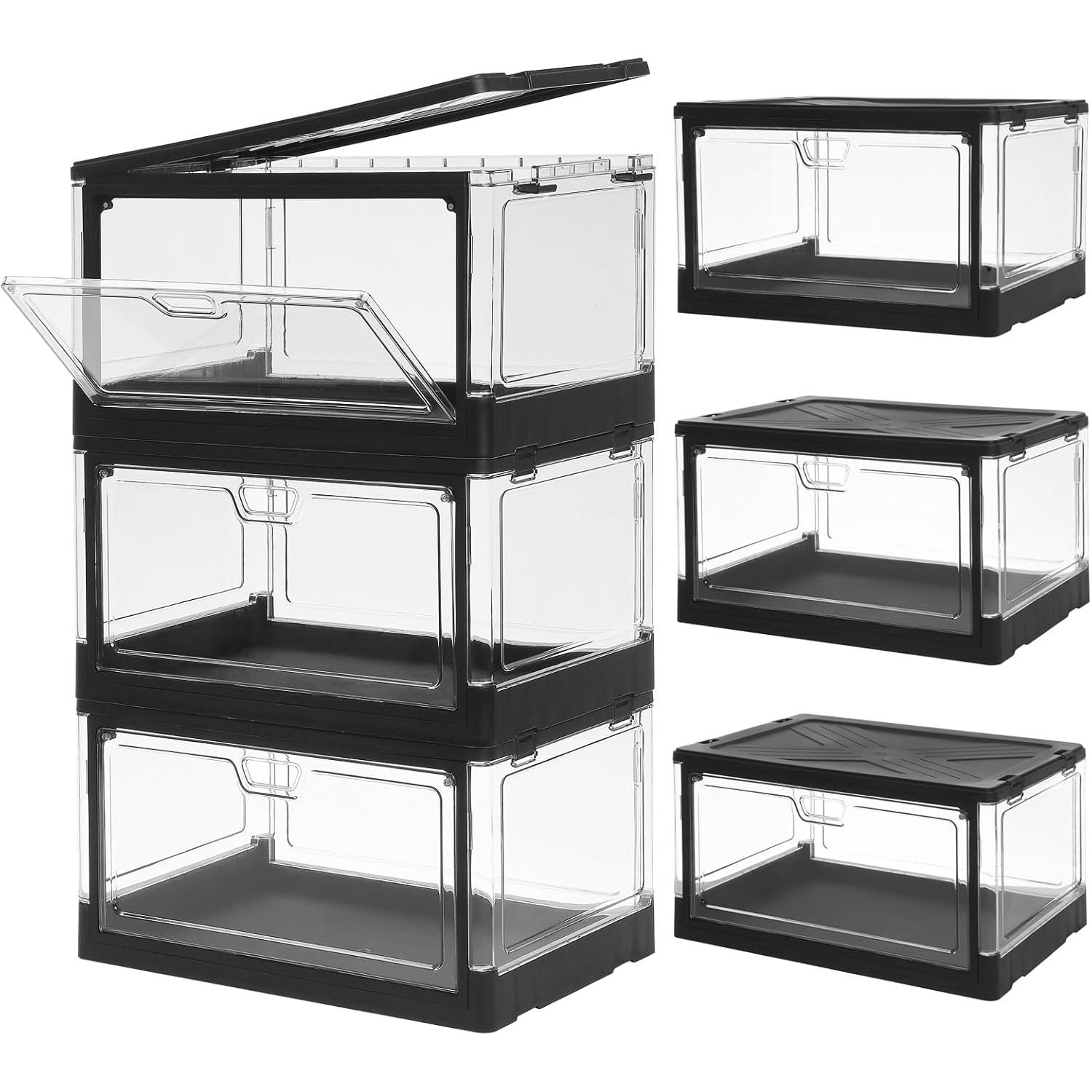 3-Pack Clear Stackable Storage Bins with Lids Magnetic Doors Open Front Foldable Folding Plastic Craft Containers Large Closet Organizers Box for Bedrooms Living Rooms Study 24 QT