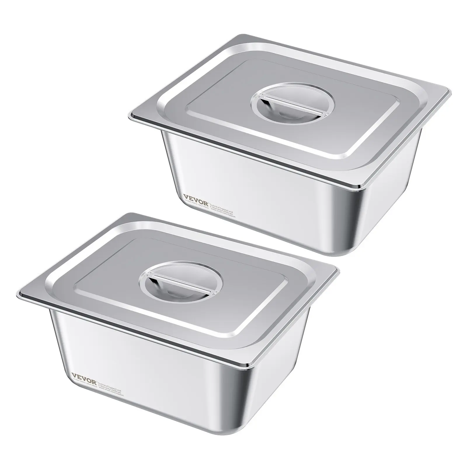 VEVOR 2-Pack Stainless Steel Smooth Cookware Steam Pans Set, 1/2 Size 36 Qt 6 In Deep Anti-Jam Pans with Lids, 12.8x10.4x5.9 Inch (325x265x149 mm) Reusable Containers for Hotel, Party Use, 9 L Kitchen Gift