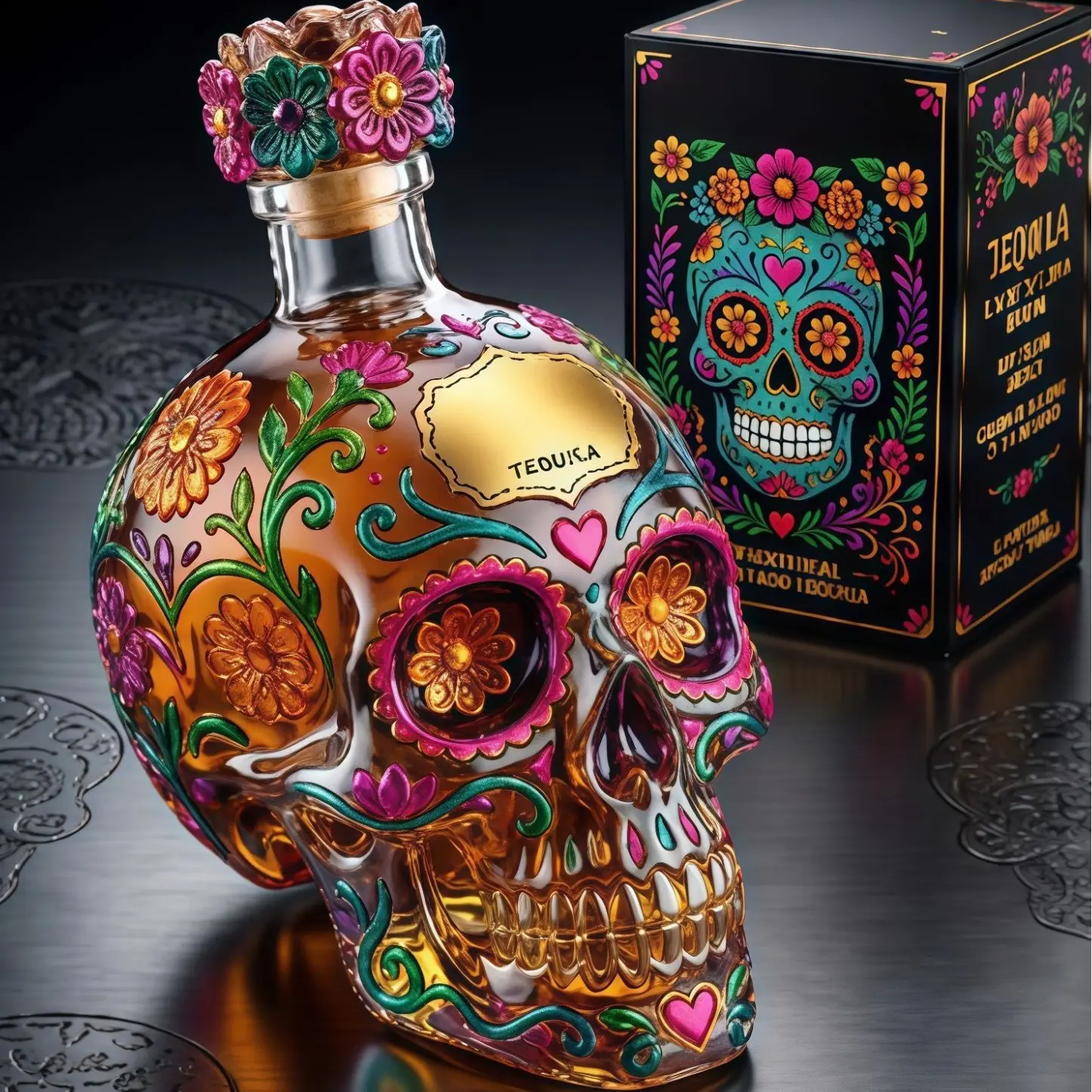 [Limited Edition for Latin American Retro Culture Trend] Day of the Dead Painted Skull Tequila Bottle 3D Relief Collectible Flask Latin American Cultural Merchandise Halloween Decorative Ornament