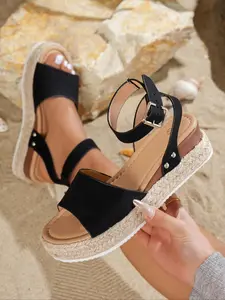 Women's Fashionable Plain Color Sandals, Casual Comfortable Platform Sandals, Espadrille Wedge Sandals for Summer, Female All-match Shoes for Daily Wear, Girl, Espadrilles Platform Sandals, Espadrille Wedges Sandals