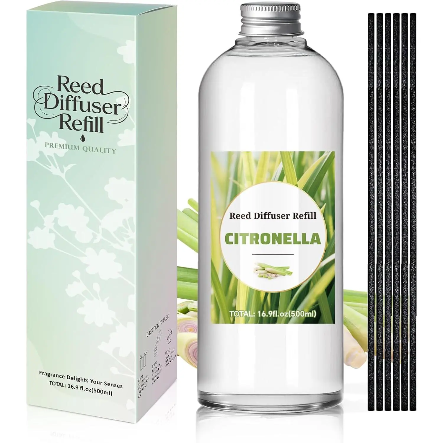16.9oz Citronella Citrus Fragrance Reed Diffuser Oil Refill with 6 Sticks, Durable Long-Lasting Room Freshener for Large Spaces, Bathroom, Patio