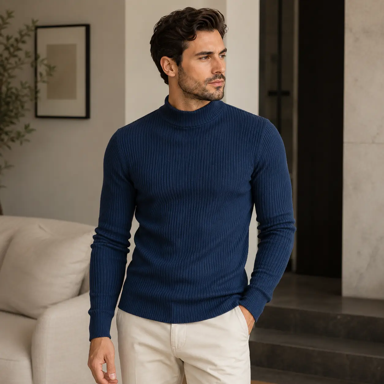 Men's Long Sleeve Half Turtleneck Sweater Solid Color Ribbed Knit Shirt Slim Fit Mock Neck Pullover Basic Base Layer Top Fitted Undershirt High Collar Innerwear Tee Fine Rib Knit Jumper for Men Black Navy Gray Blue Army Green Beige White Knit Shirt
