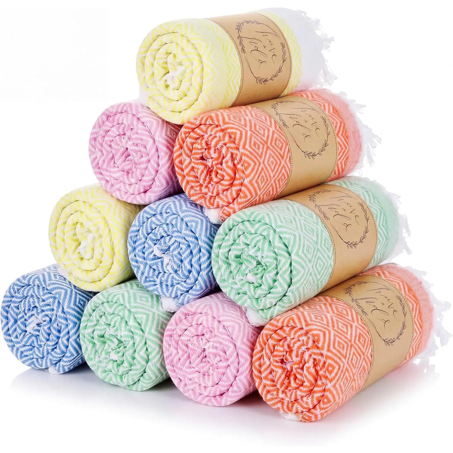 HunnmingRe 10 Pack Oversized Turkish Beach Towels Bulk 70" x 40" Large Quick Dry Sand Free Pool Swim Towel Set Lightweight Travel Towels for Bridesmaid Gifts, Camping Blanket