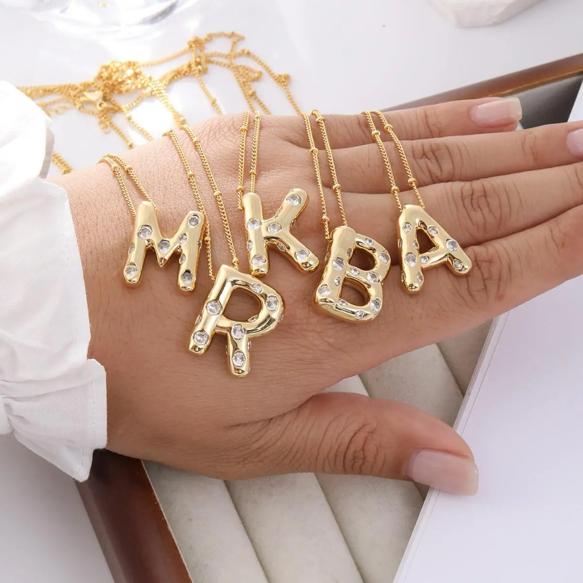 14K Gold Plated Bubble Initial Necklace for Women, Exquisite CZ Heart A-Z Letter Pendant Necklace Personalized Shiny Cubic Zirconia Chain Daily Trendy Vacations, Party Wear, Jewelry, Holiday Gift