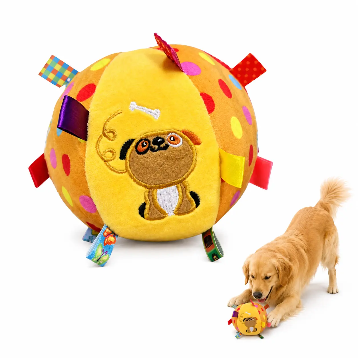 Squeaky Plush Dog Toy with Straps, 6 Inch Soft Stuffed Ball with Premium Cotton Filling and Built-in Bell, Interactive Fetch and Tug Pet Toy for Small Medium and Large Dogs, Relieves Boredom Gentle on Gums for Daily Indoor Outdoor Play and Bonding Time