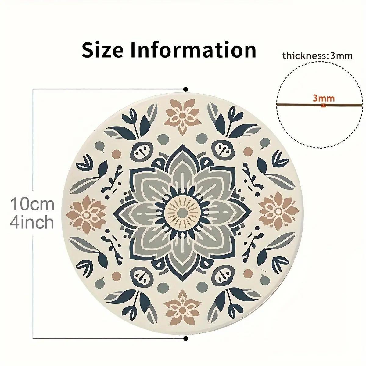 6pcs Bohemian Style Cork Coasters- Hand Washable Wooden Mandala Floral Design, Beige and Navy Blue Home Decoration, Party Gifts, Valentine's Day Mother's Day Gifts, Cute Coasters, Simple Tableware, Durable Fashiona