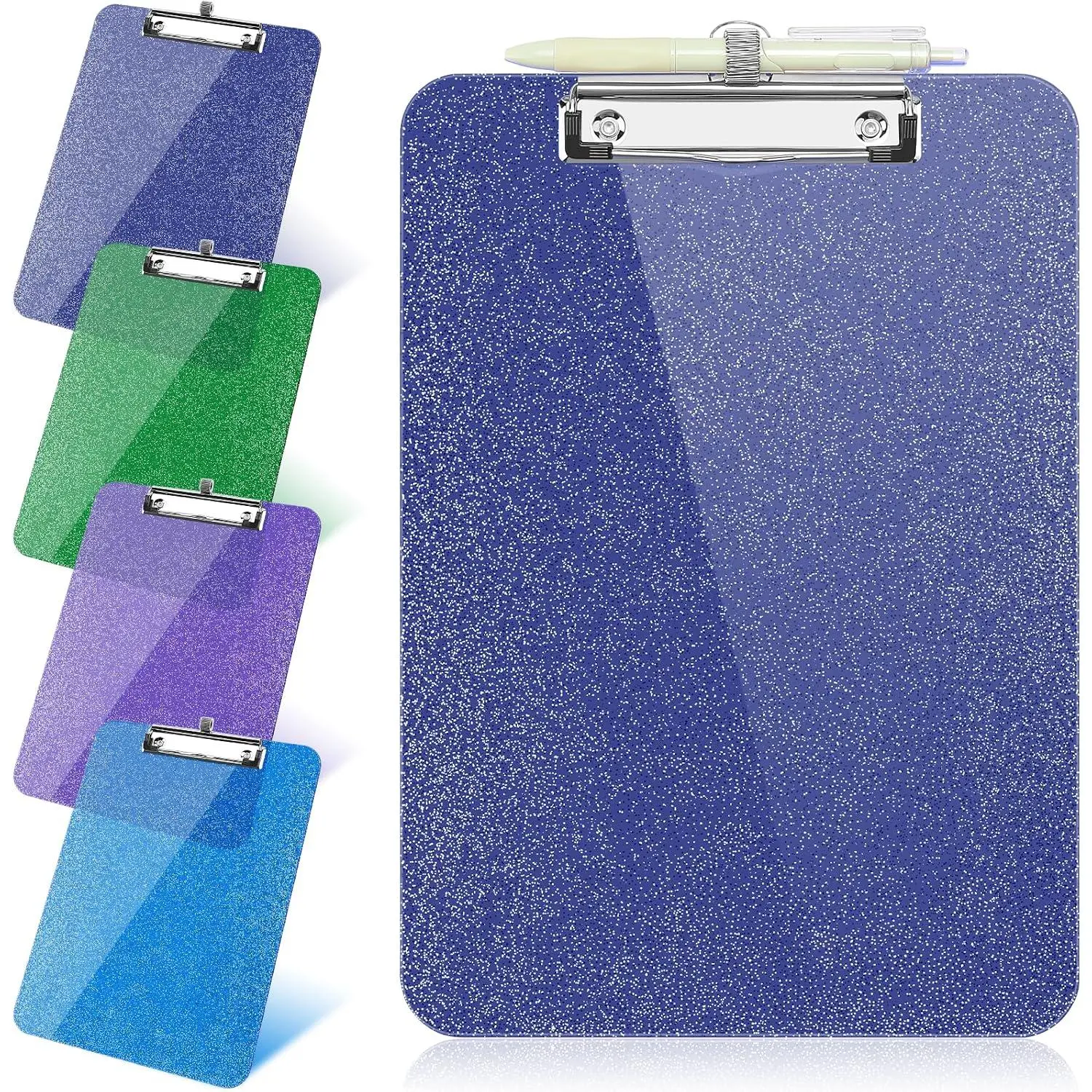 1 count Clear Glitter Clipboards, Plastic Clipboard with Pen Holder,Size 8.85 x 12.4 in Shiny Clipboards with Low Profile Clip,Cute  Clipboard for Office Sparkly Clip Board-Navy Blue