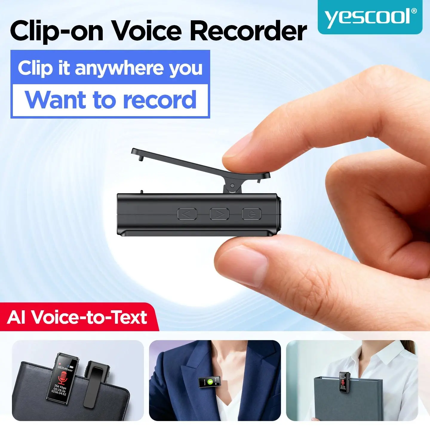 Portable Clip-on AI Bluetooth Voice Recorder 360° Noise Canceling HD Screen Long Battery Voice Activated Recorder for Meetings