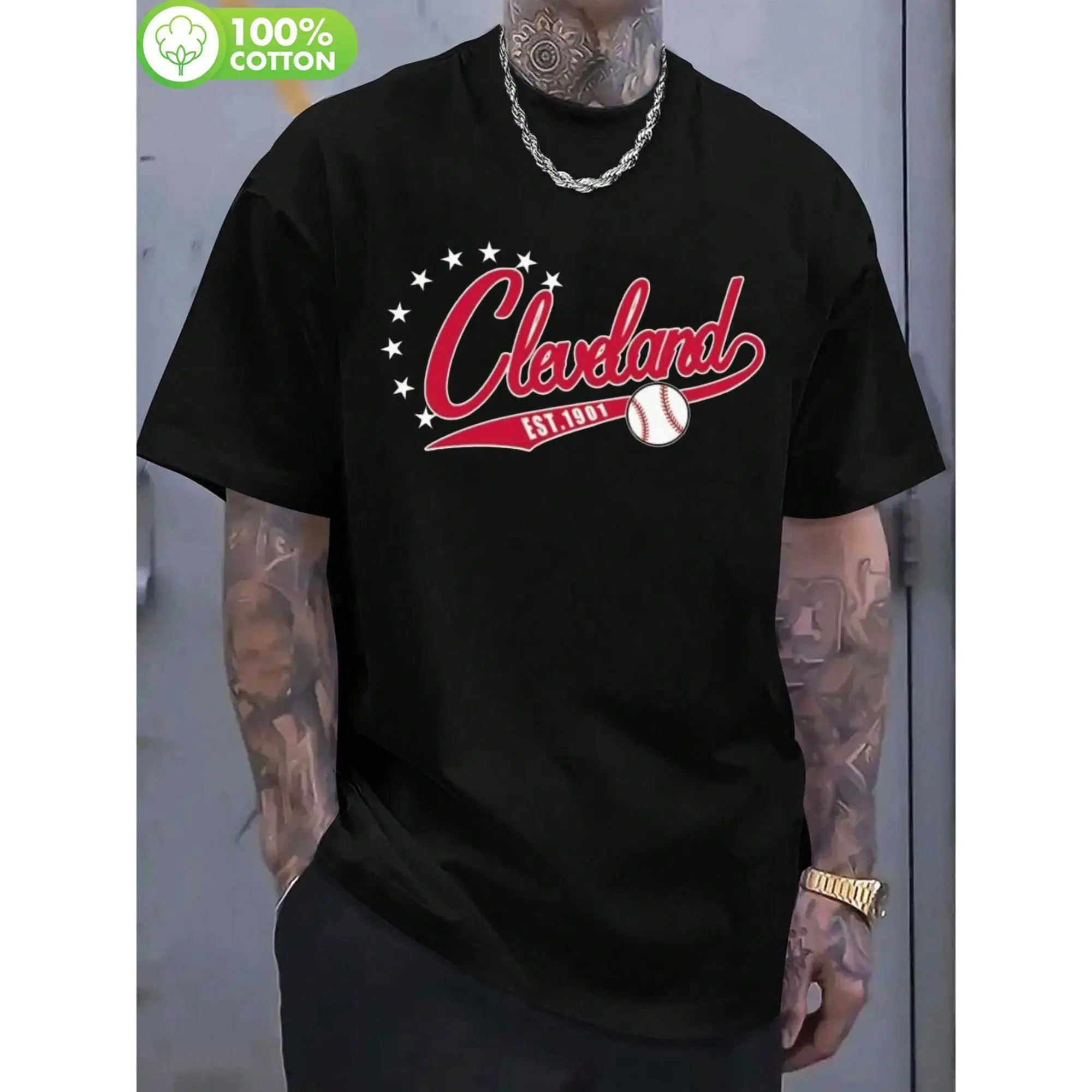 Men'S Cleveland Baseball T-Shirt - Crew Neck Tee with Red & White Team Lettering & Stars, Loose Fit Casual Shirt for Sports, Everyday & Parties - 100% Fan Apparel Gift for Cleveland Supporters, Party Outfit, Sporty Design, Breathable Material, Sports Appa