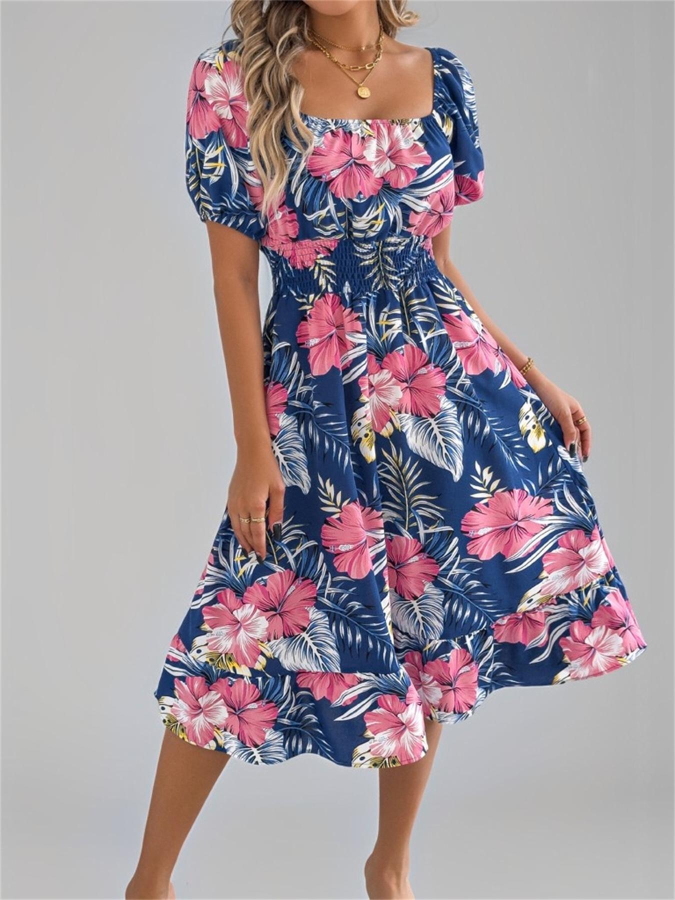 Women's Ditsy Floral Print Shirred Ruffle Hem Dress, Boho Fashion Square Neck Puff Sleeve Knee Length Dress for Holiday Daily Wear, Ladies Dress for Summer