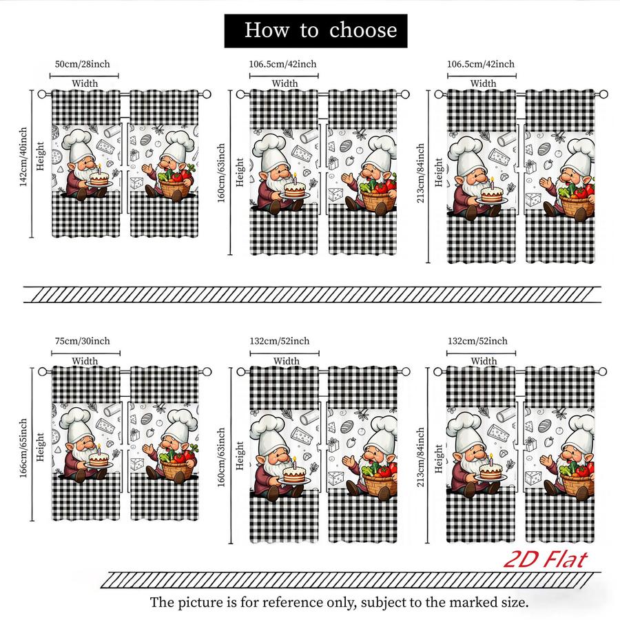 2Pcs Cartoon Style Chef Gnome Gingham Pattern Sun Blocking Curtains Digital Printed Rod Pocket, Window Treatment For Bedroom Office Kitchen Living Room Study Home Decor