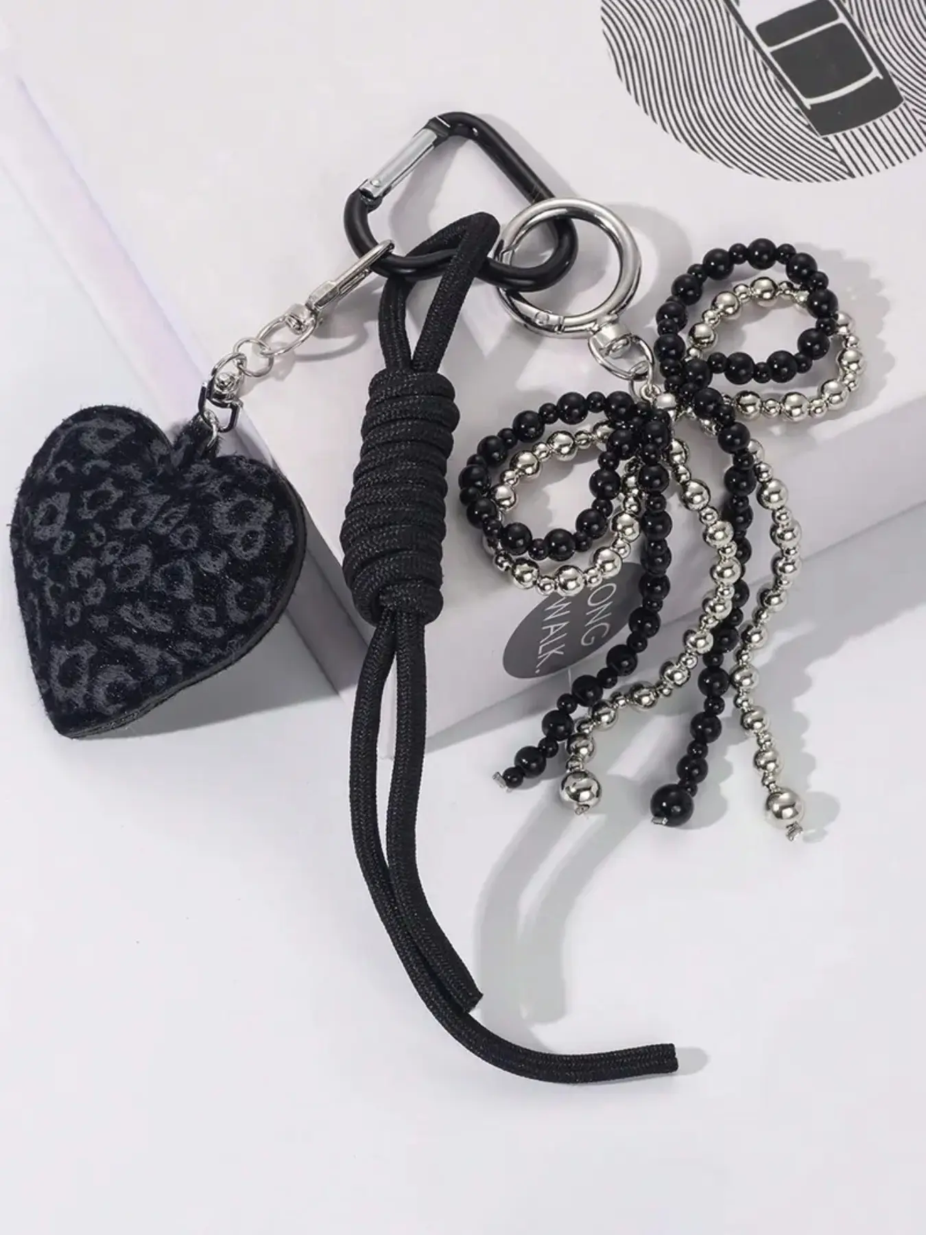 Gothic Leopard Print Heart Trendy Bag Charms, Black Silver Bead Tassel Bag Chain, Braided Rope Carabiner Purse Pendant Accessories