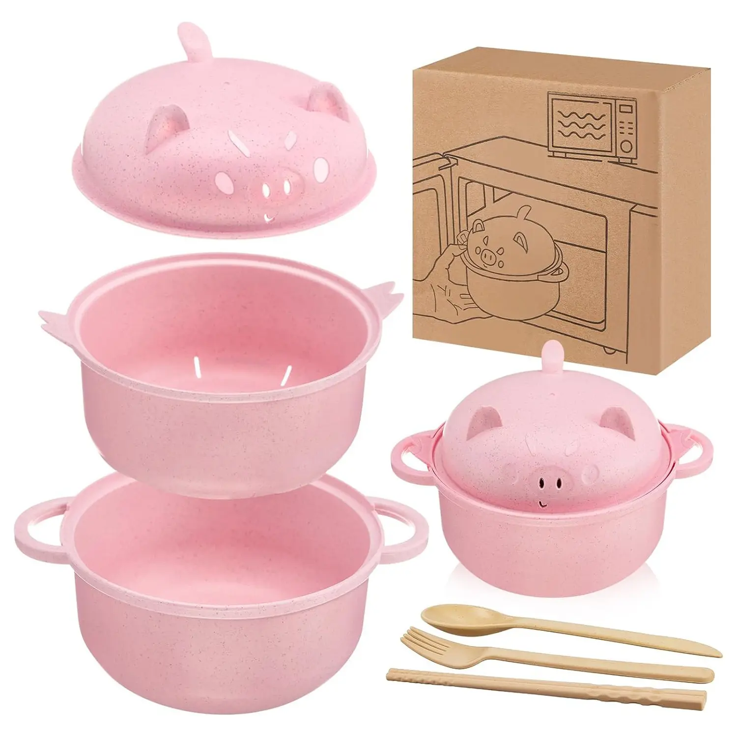 Ramen Bowl Set, Large Ramen Cooker 44oz, Pig Ramen Noodle Bowls, Microwave Pasta Cooker, Wheat Straw Bowl with Strainer Lid Handle Spoon Chopsticks Fork, Ramen Bowl Microwave Gift for College Boys Girls Male Female Dorm Room, Bowls Microwave Safe