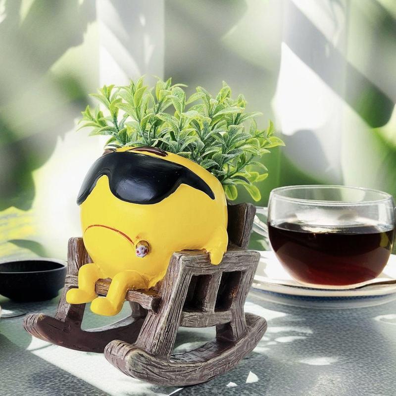 Vase aus Kunstharz im Cartoon-Design, süße Stuhl-Design-Vase mit Abflussloch, dekorativer Blumentopf für den Schreibtisch im Home Office, Wohndekor, Ornamente_voghion.com