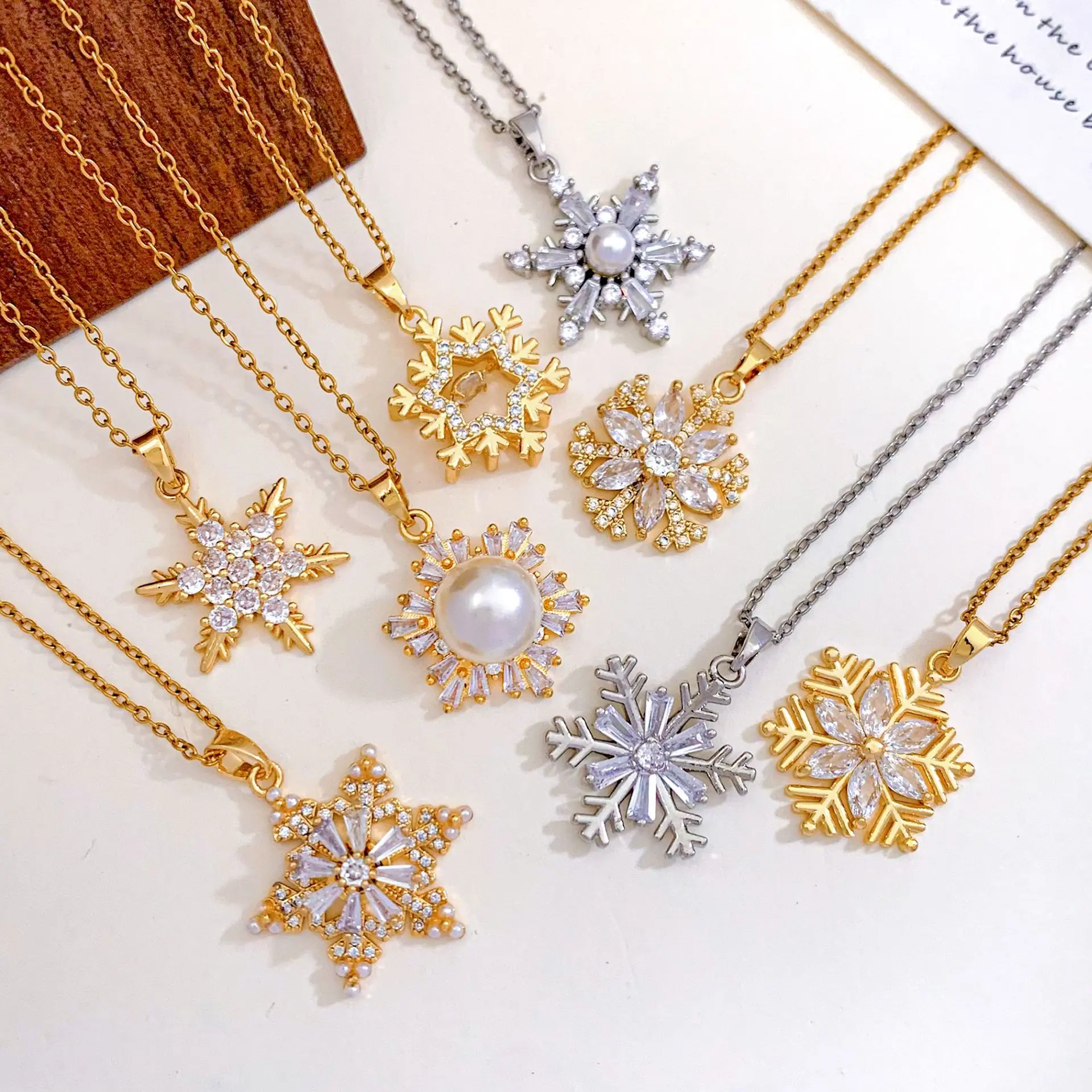Snowflake Necklace for Women, Sparkly Snowflake Pendant with Crystal-Look and Pearl-Style Accents, Gold-Tone or Silver-Tone Winter Christmas Jewelry, Holiday Gift for Her