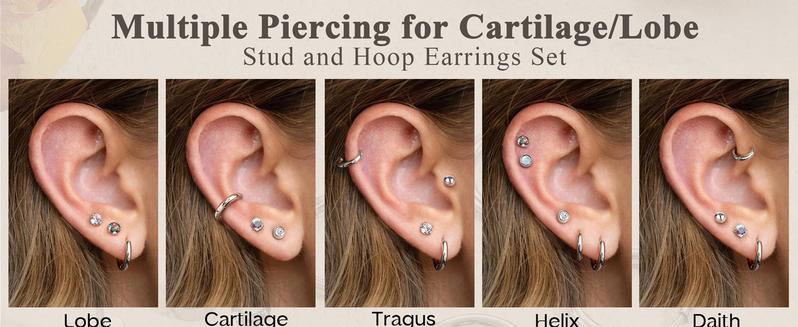 Trendy  Surgical Steel Earrings for Sensitive Ears Hypoallergenic 20G Stainless Steel Stud Hoop Earrings for Women Men Small Opal Ball CZ Surgical Steel Flat Back Earrings Cartilage Earrings Hoop Stud