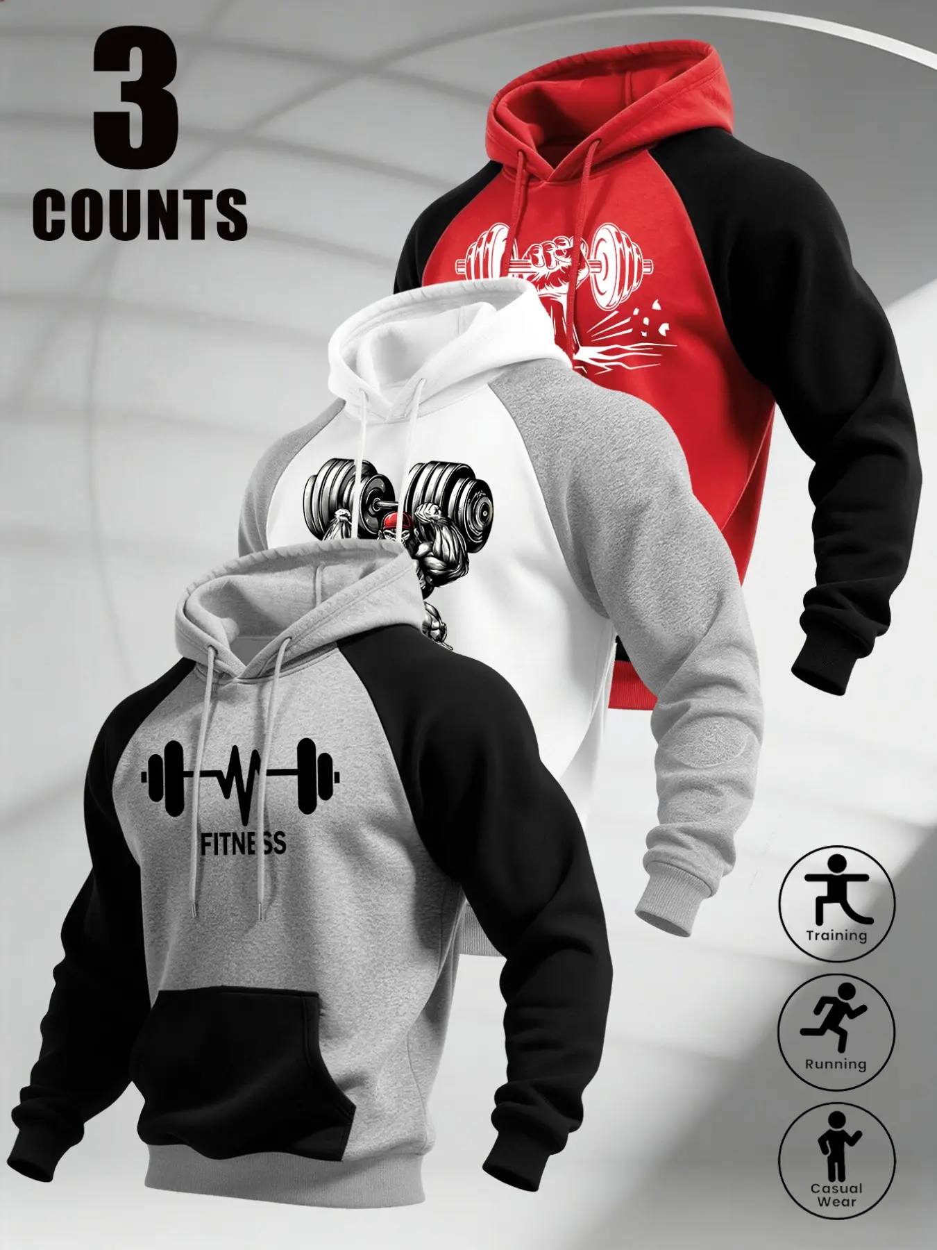 Men Raglan Sleeve Pullover Hoodie, Dumbbell Fitness Pattern Print Kangaroo Pocket Sweatshirt, Soft Thick Fabric Fit for Gym Training, Running Sports and Daily Casual Street Outfits#FitnessHoodie #GymPrintSweatshirt #RaglanSleeveStyle #SportStreetwear
