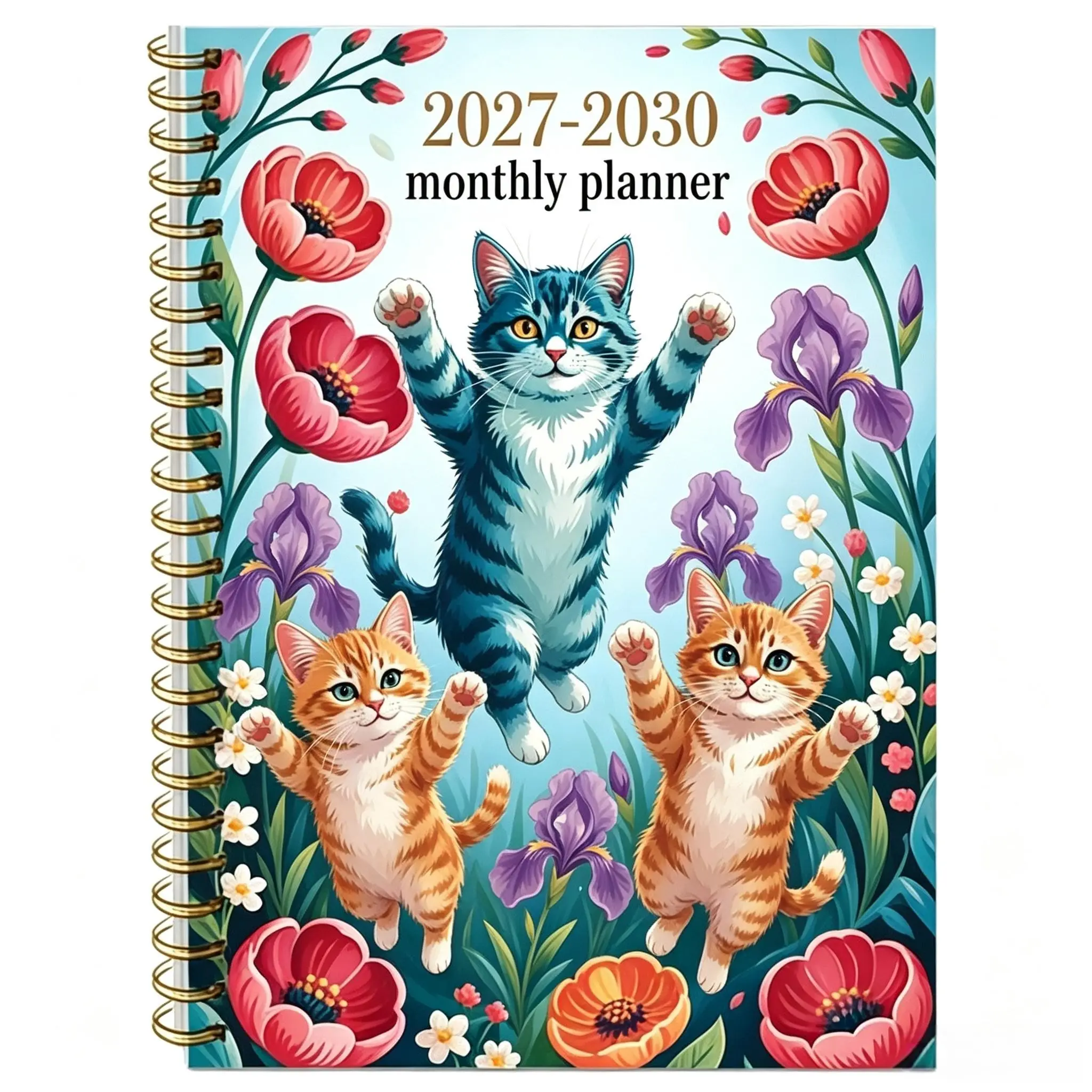 2027-2030 Monthly Planner/Calendar - Four-Year Monthly Planner from January 2027 to December 2030, Fun Cat and Floral Themed Cover Design Diary, Annual Calendar Planner, Month Tabs, 48-Month Calendar, 5.5 X 8.3inch Thickened Paper, Elastic Cover