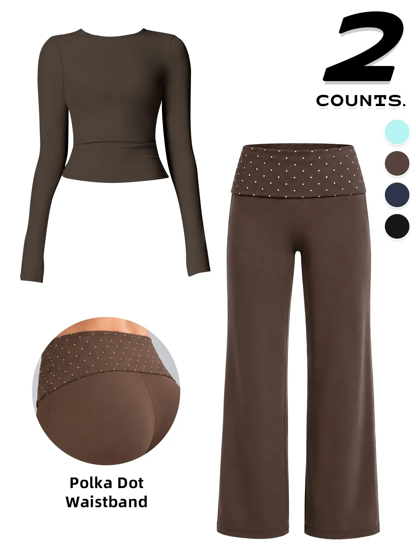 Long Sleeve Round Neck Top and Polka Dot Waist Sport Leggings Set, Sport 2 Piece Set, Plain Yoga Straight Pants, Women's Fitness Running, Comfortable Fashion