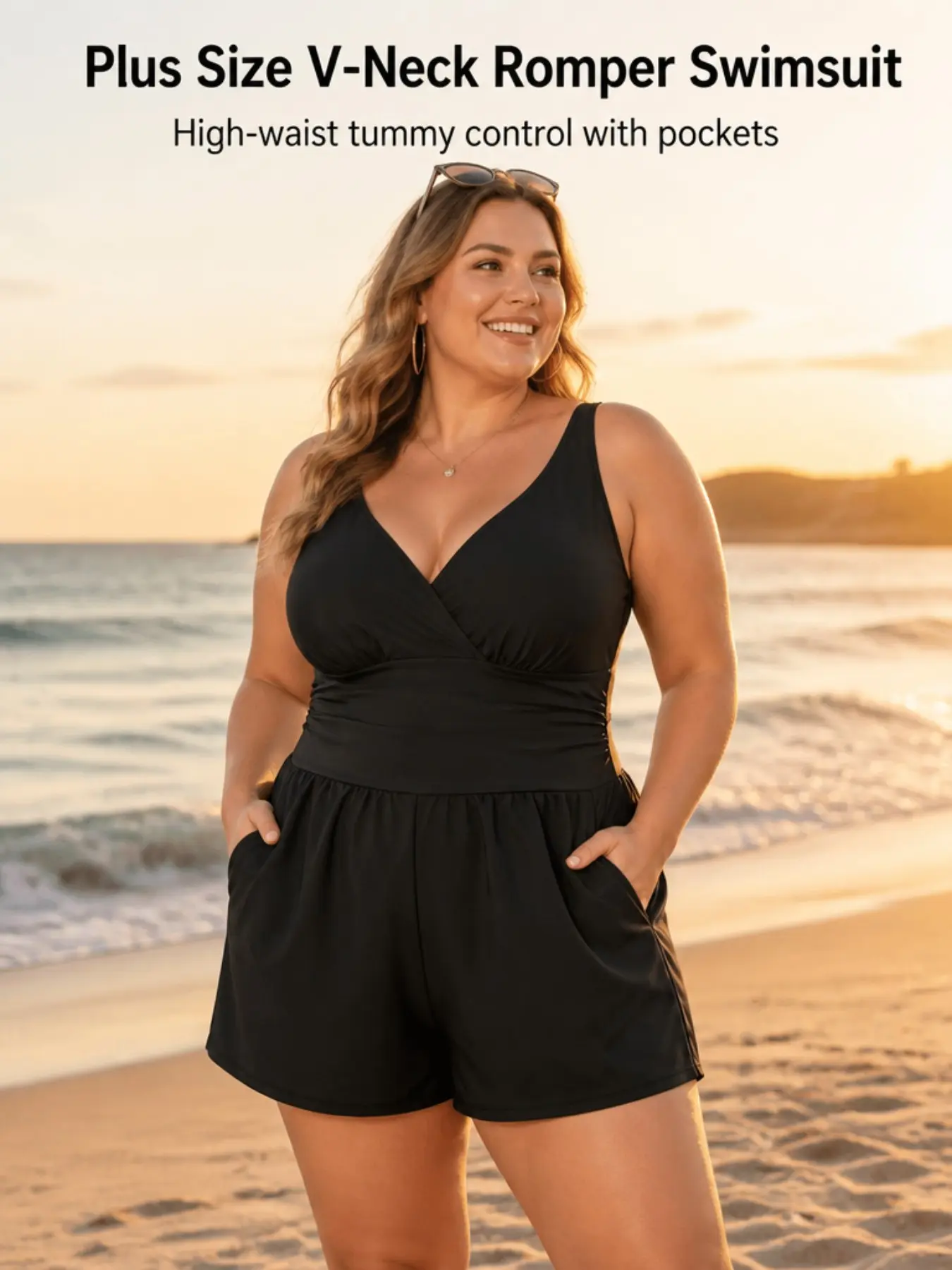 Plus Size V Neck Workout Shorts One-Piece Swimsuit, Swimsuit With Pockets, High Waist Belly Concealment, Pocket Design, Quick-Dry Fabric, Summer Beachwear, Beachwear Swimsuits