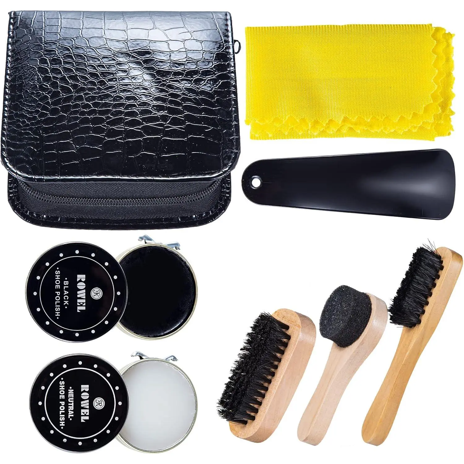 Shoe Polish Kit Cleaning Shine Care Barrel Set For Brown Black Leather With Shoe Brush Travel Case, Shoehorn, Cloth