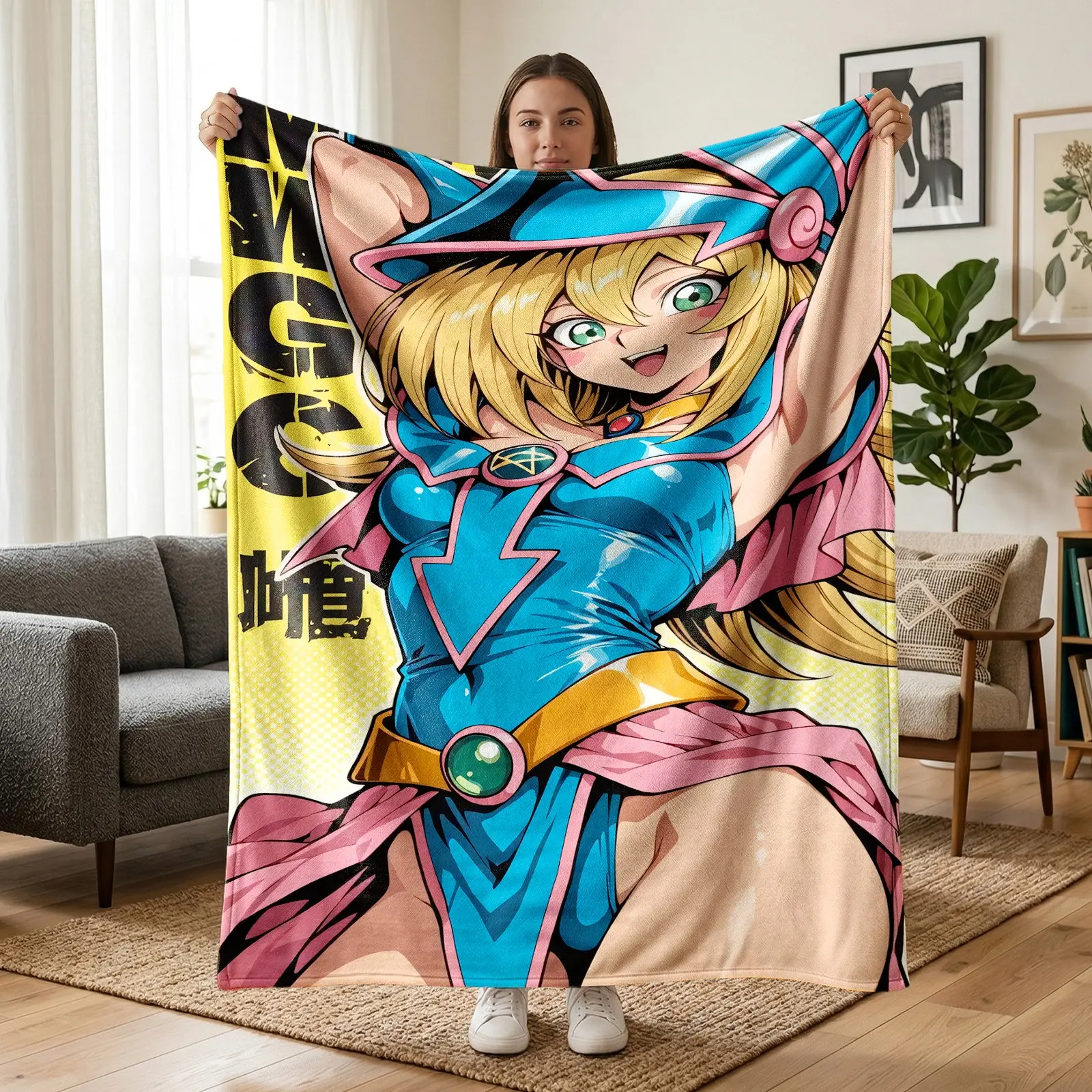 1pc Yu-Gi-Oh Dark Magician Girl Trend Anime Fleece Blanket, Yellow Polka Dot Background Dark Magician Girl Retro Comic Art Print, Soft Warm Nap Throw For Sofa, Bed, Office, Camping, Perfect Christmas Gift