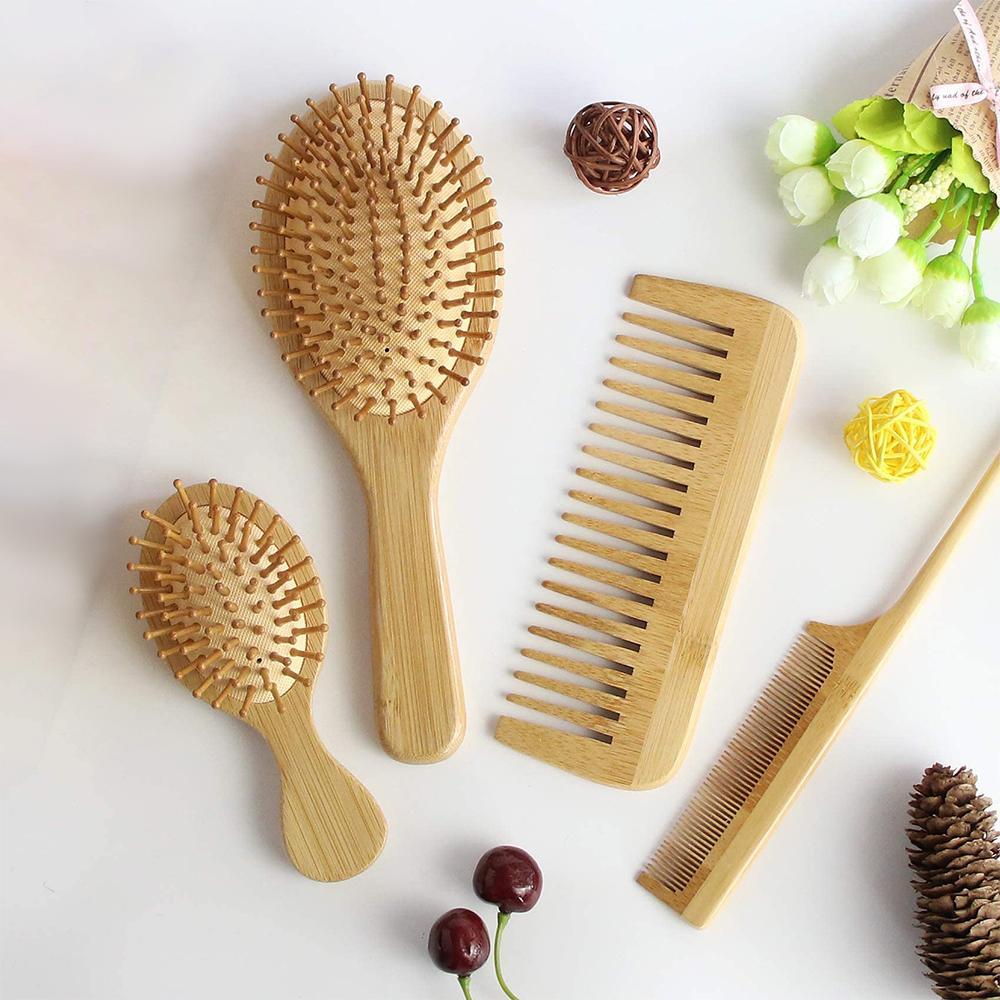 Bamboo Hair Comb Set, 4-Count Natural Bamboo Paddle Detangling Hairbrush, Wide-Tooth and Tail Comb, Smoothing Hair Styling Tools for Women and Men, Curly Hair Care Grooming Gift
