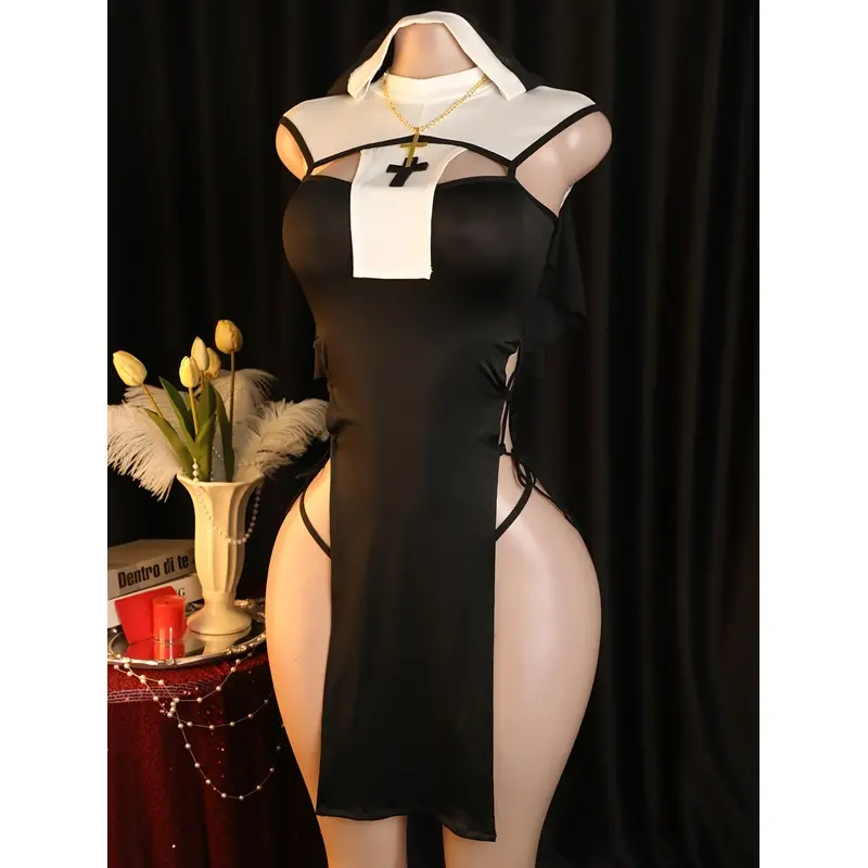 Halloween-Themed COS Costume Set: Church Nun Costume Set Includes Skirt, Veil, Necklace, and Underwear