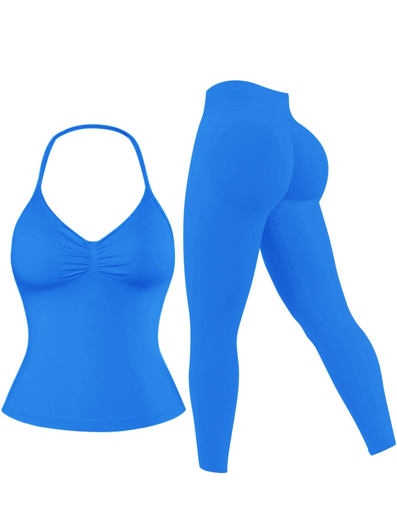Women's Solid Halter Neck Sports Top & Leggings Set, Sporty Casual Breathable Two-piece Set for Yoga Gym Workout Running, Ladies Sportswear for All Seasons Workout Running Outfits