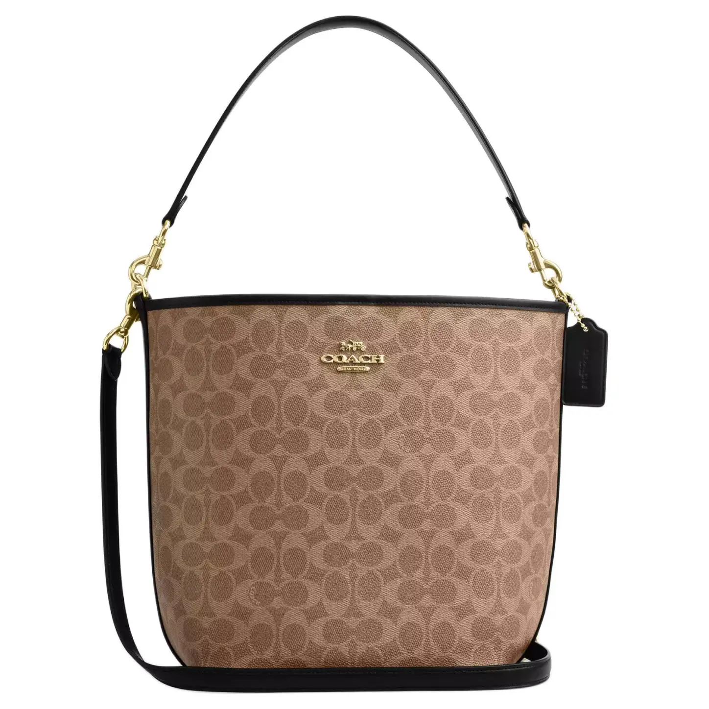 Coach City Bucket 35 Handbag for Women – Signature Coated Canvas, Metallic Logo, Tan and Black