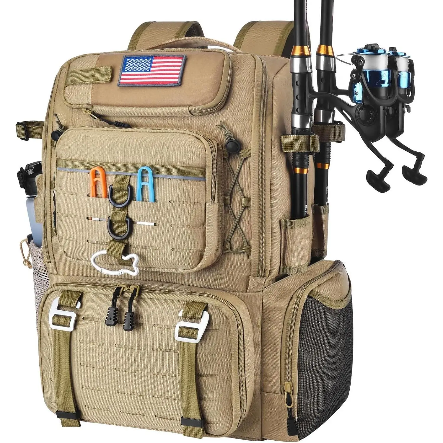 29L Multi-Compartment Fishing Tackle Backpack with 4 Rod Holder, Integrated Cooler and Rain Cover