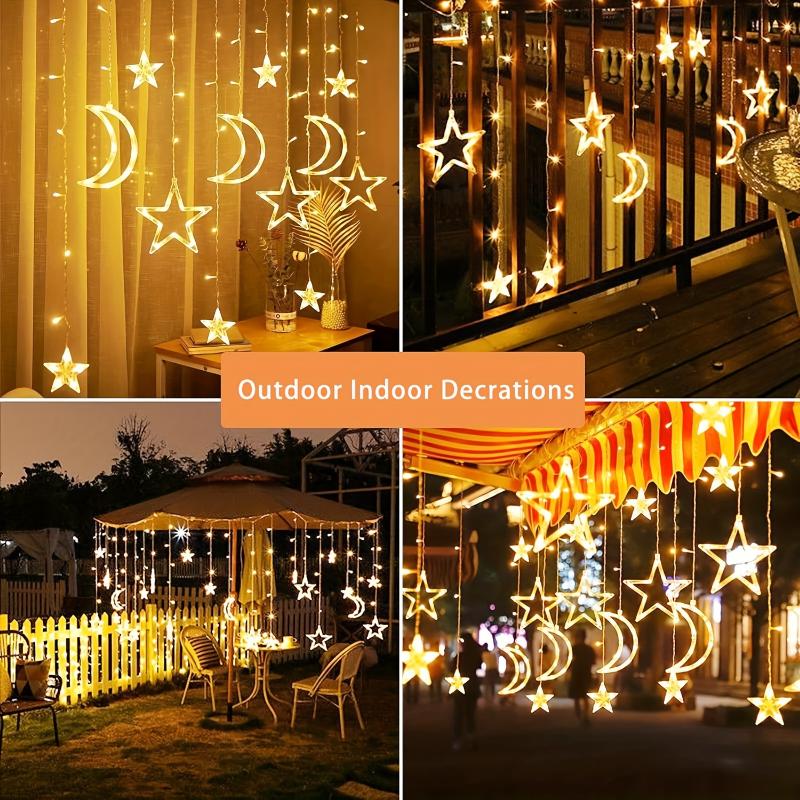 2-PACK Solar Star Moon String Lights Outdoor with Remote Control, 8 Modes, Waterproof Fairy Curtain LED Window Light Timer for Porch Windows Backyard Camping Garden Patio  Decorations, Garden Decor, Backyard Ambiance, Whimsical Design, Deco