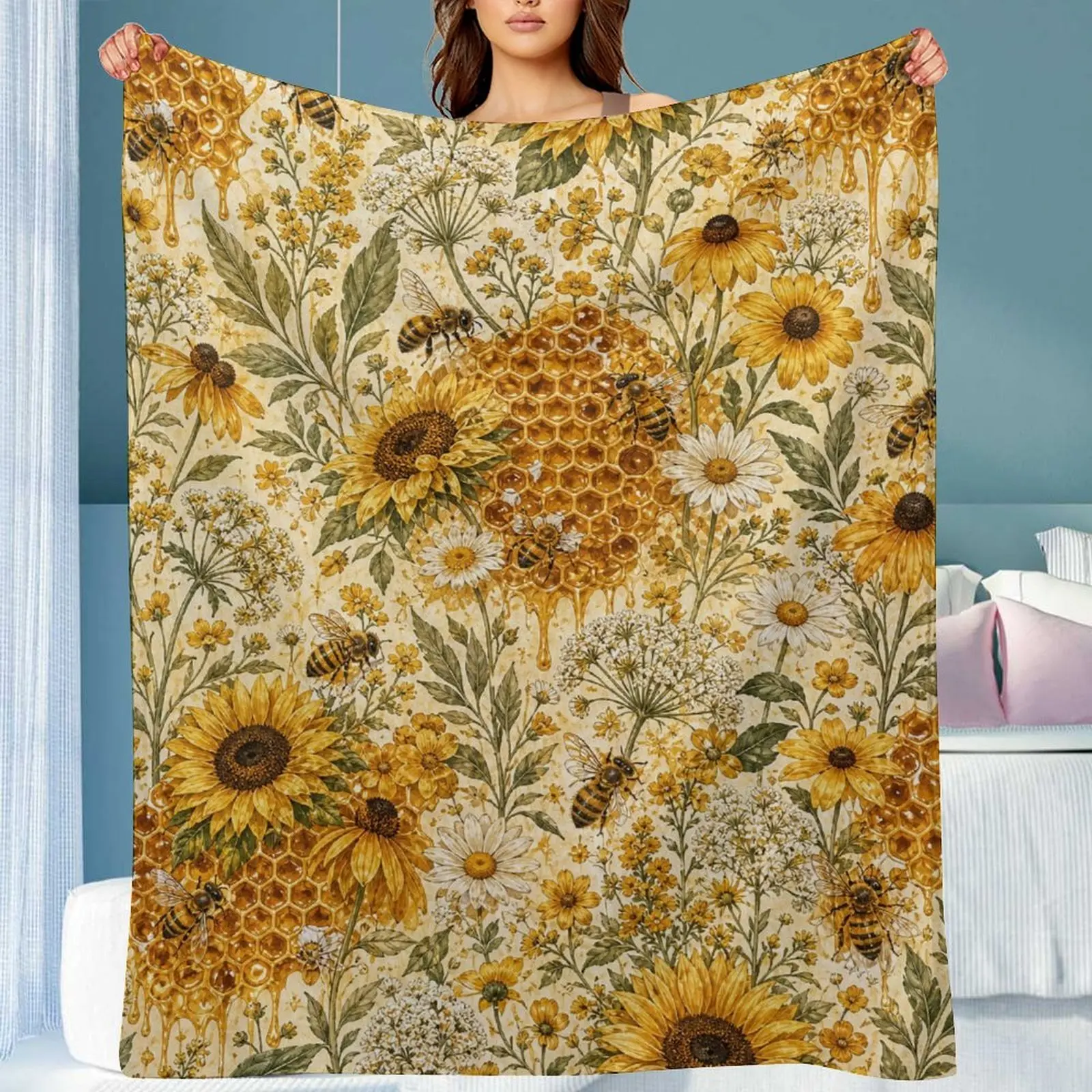 Nature-Inspired Golden Honeycomb Wildflowers Flannel Throw Blanket - Soft Lightweight, Breathable, Wrinkle-Resistant, Warm All-Season Blanket, Multi-Size for Sofa Bed Home Decor Gift, Machine-Washable