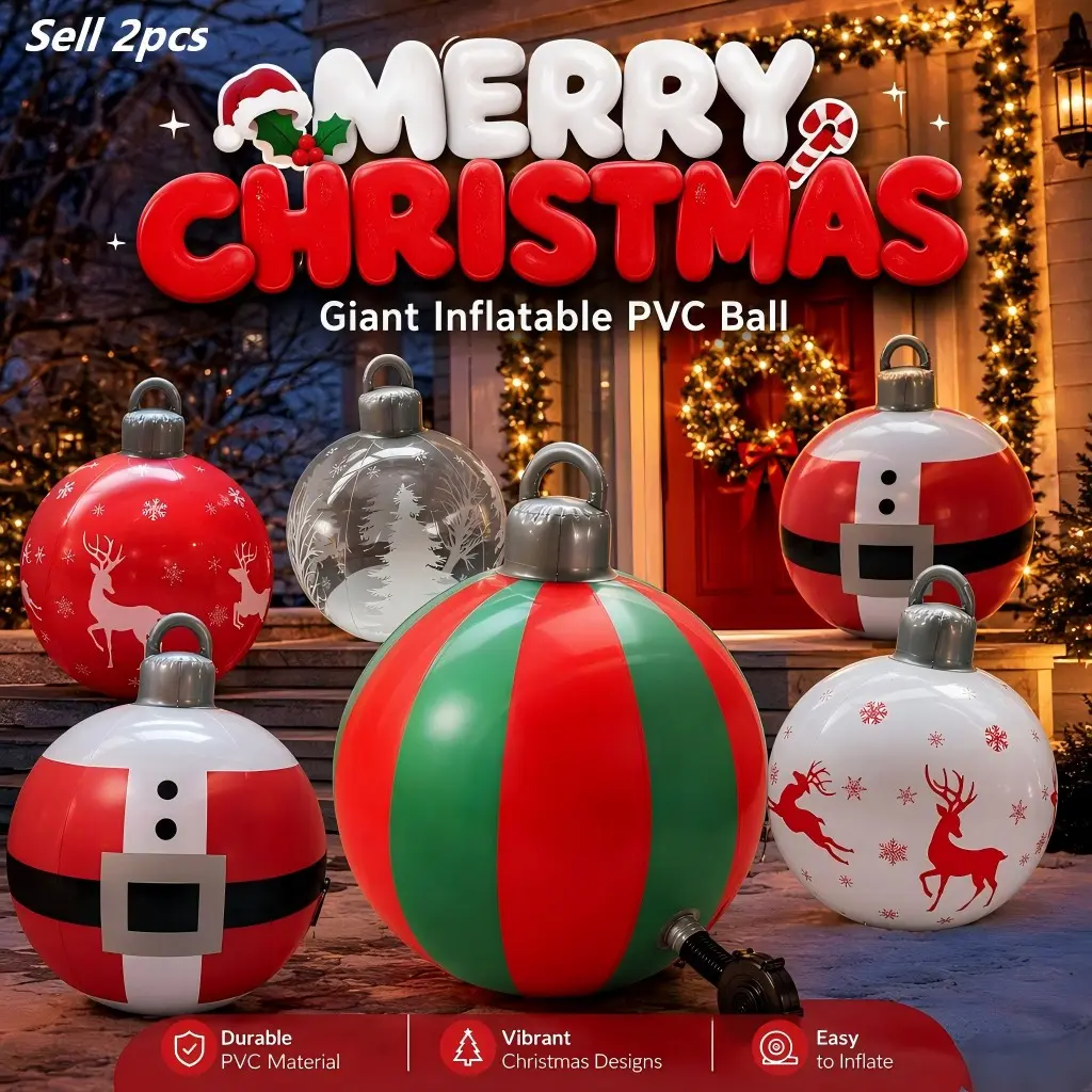Giant Christmas Inflatable Decorative Balls, 2 Pack PVC Outdoor Yard Christmas Balloons, Indoor Outdoor Festival Party Hanging Ornament