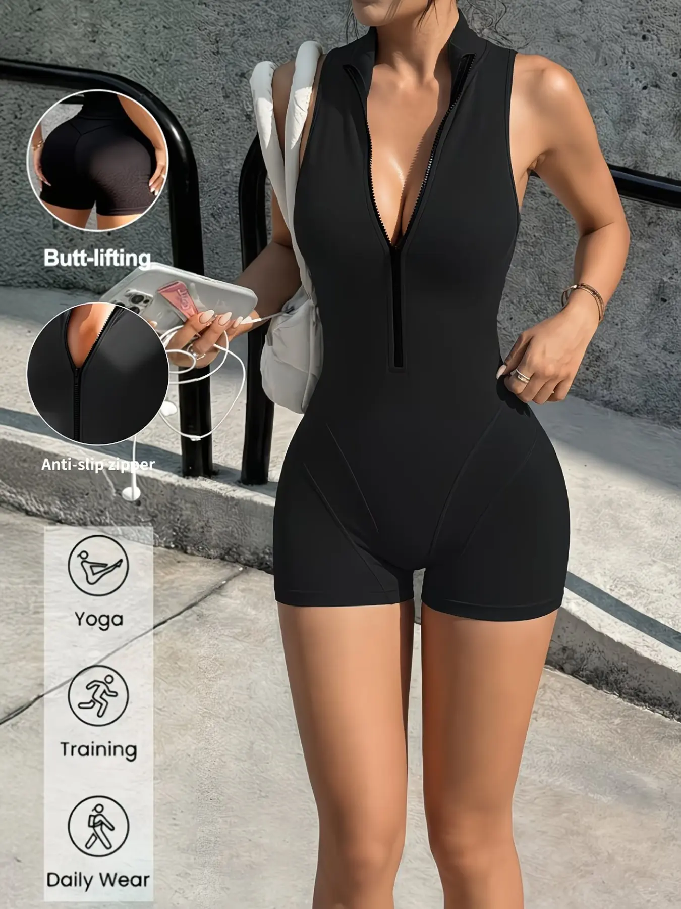 Women's Spring Summer Stand Collar Zipper Romper, Outdoor Sports Fitness Yoga Daily Commute Fashion, Stylish One-Piece Shorts