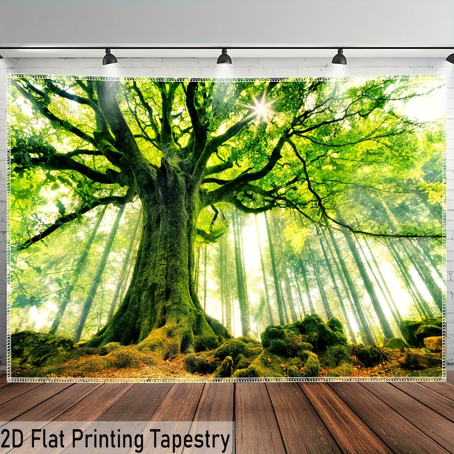 2D Flat Sunlit Forest Tree Landscape Banner | Single-Sided Polyester | Metal Grommets for Easy Hanging | Lush Green Nature Wall Decor for Living Room, Bedroom, Office, Garden, Patio, Party & Photography Backdrop